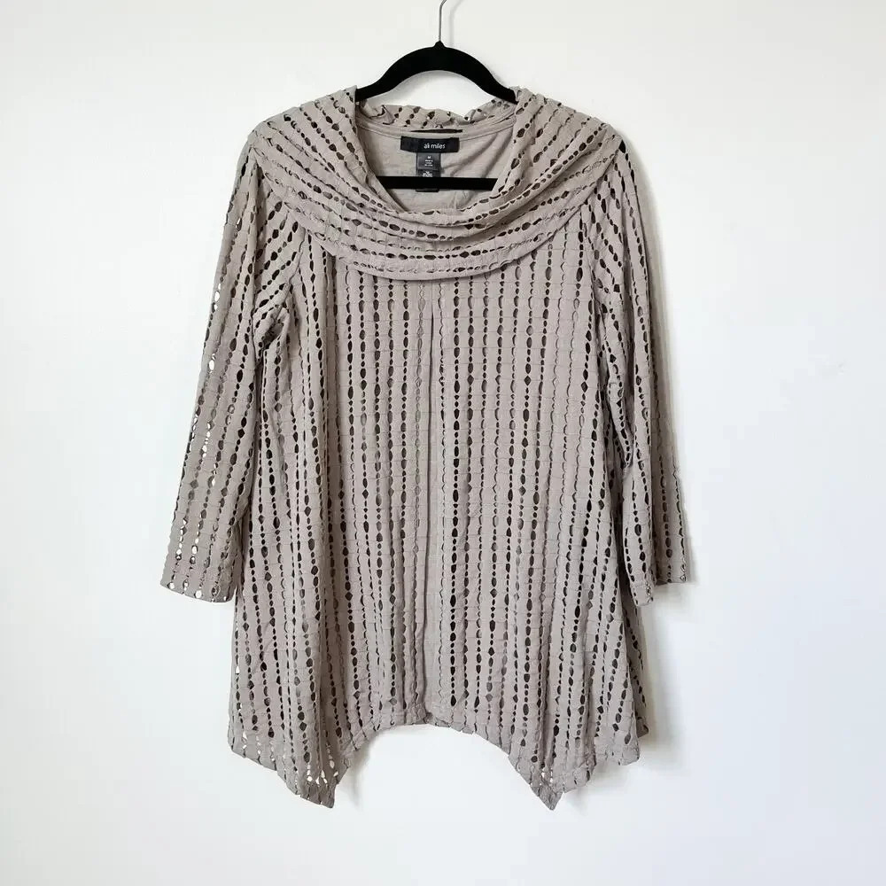 Ali Miles Greige Open Knit Tunic Top & Tank Layered Set Medium Lagenlook Artsy
